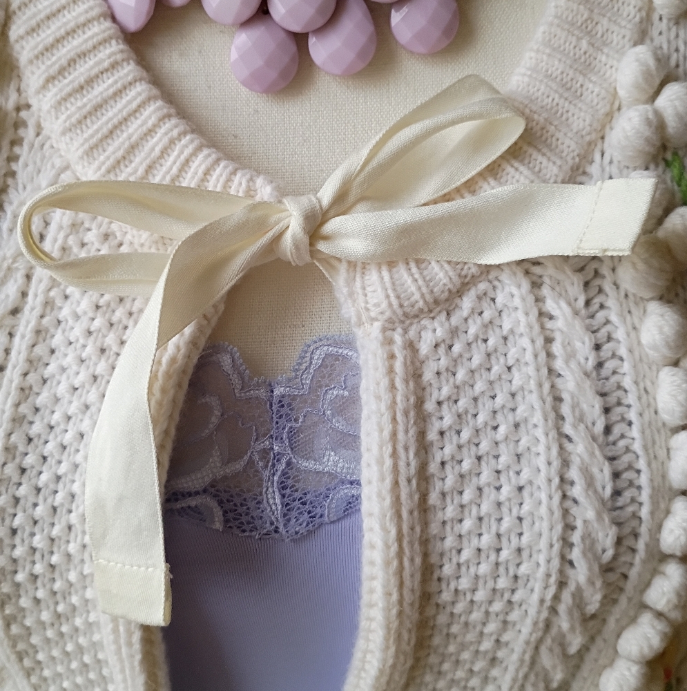 Polo Ralph Lauren Embroidered Floral Chunky Cable Knit Wool Cardigan Sweater - Picture 8 of 16